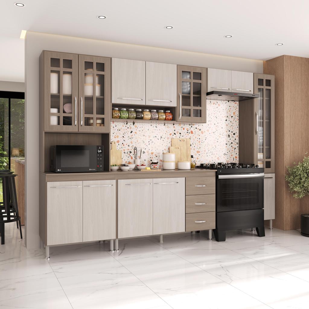 Cozinha Modulada Completa Fidelitá Paris 5 Peças 295cm 12 Portas 3 Gavetas Com Tampo Nogal/Salinas