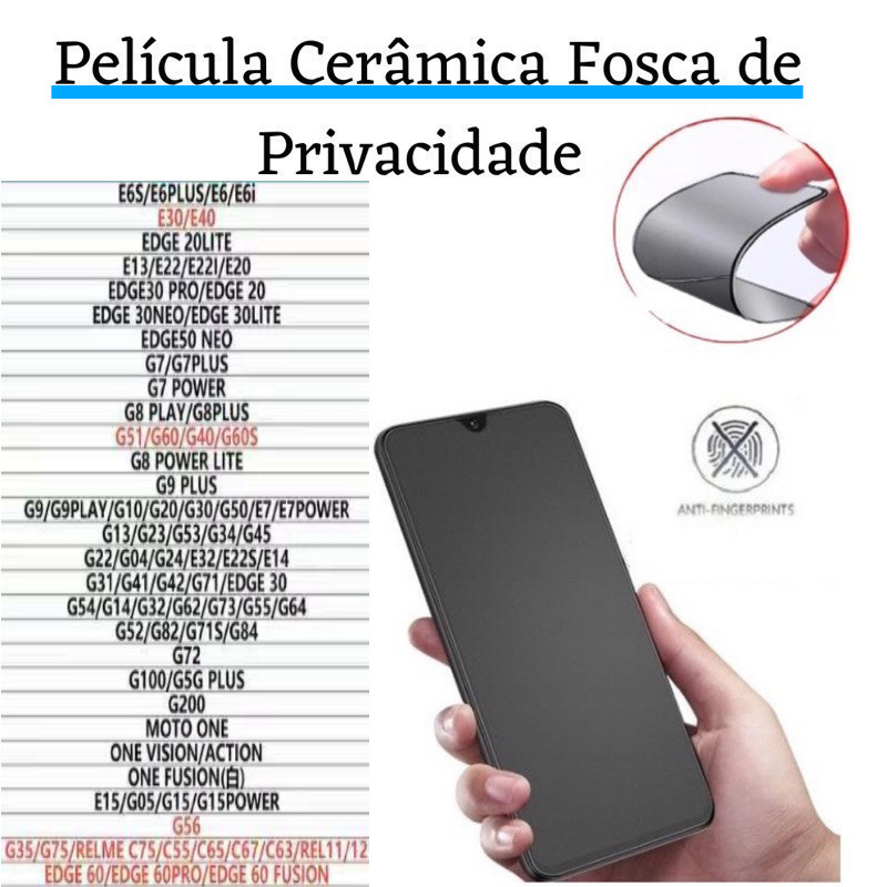 Película Cerâmica Fosca Privacidade Para Motorola Moto E13/ E20/ E22/ E22iG56/G05/G15/G75/G35/G10/G20/G30/G60 em Oferta na Shopee