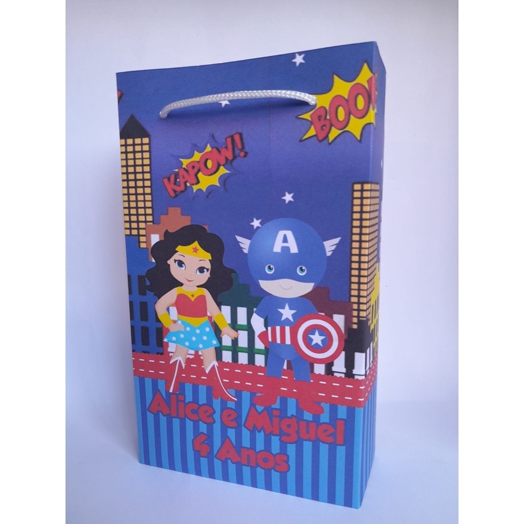 kit 30 sacolinhas capitão america e mulher maravilha 17x10x4cm