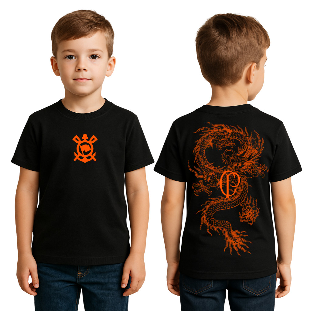 Camiseta do Corinthians Infantil Preta Time de Futebol Estampa Exclusiva Dragão Laranja