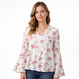 Blusa Feminina Floral Manga Chiffon Amarração Manga Longa 22111
