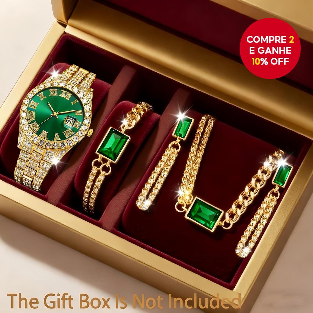 5 peças conjunto de relógio feminino luxo aço inoxidável calendário quartzo com mostrador de diamante sintético em Oferta na Shopee