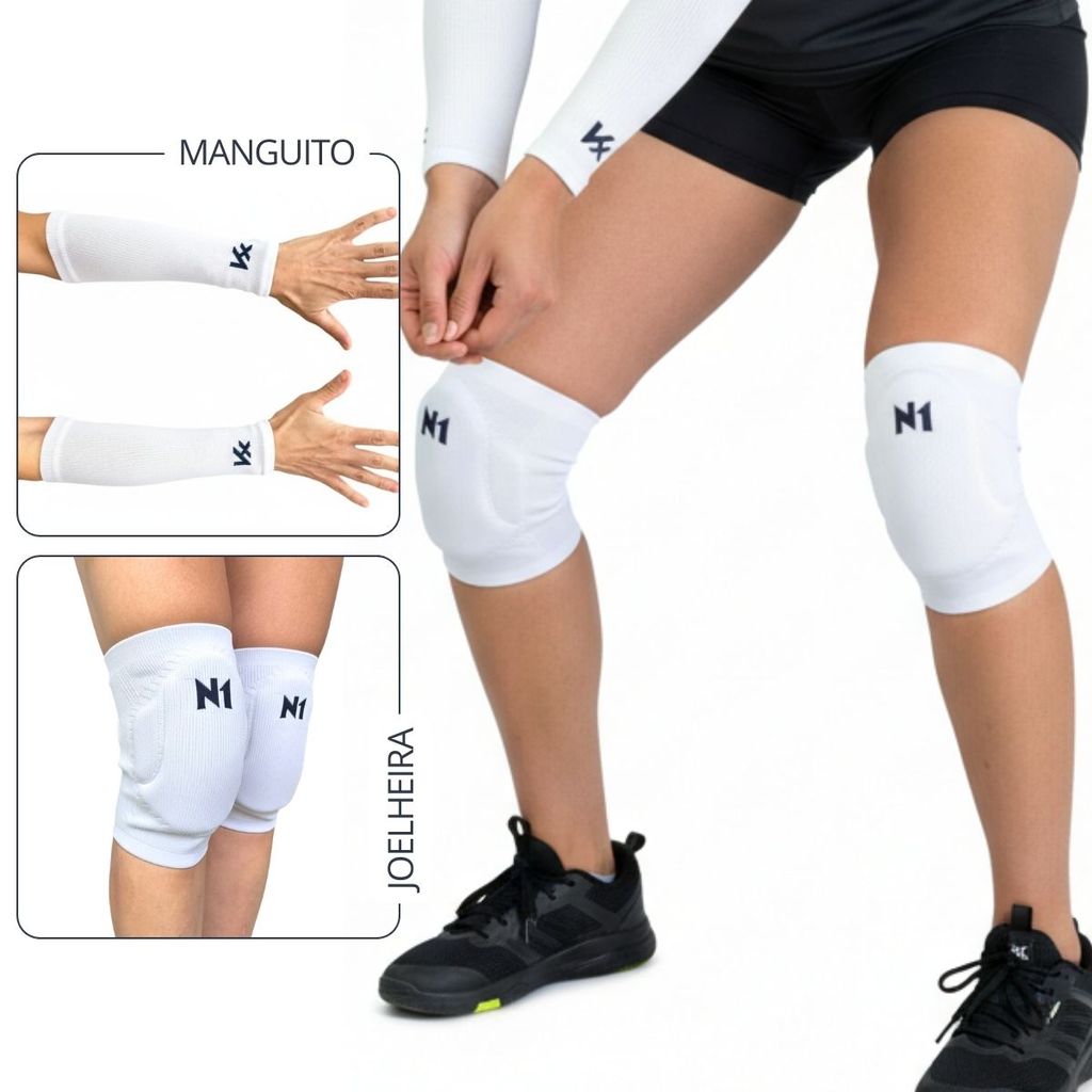 Kit Vôlei Joelheira N1 Slide Brinde Manguito Antebraço Branco