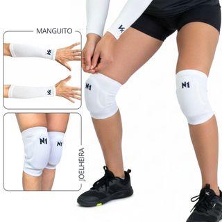 Kit Vôlei Joelheira N1 Slide Brinde Manguito Antebraço Branco