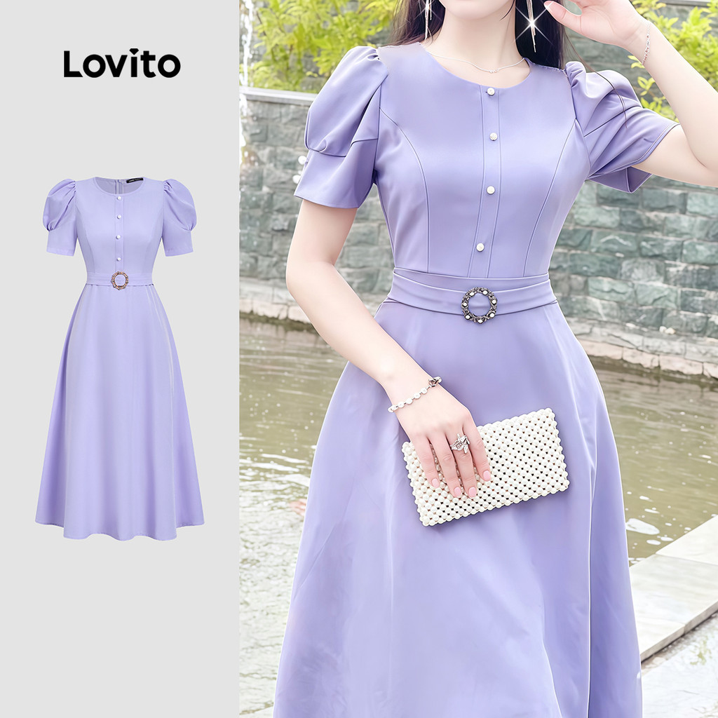 Lovito  Vestido Roxo Casual com Cinto para Primavera/Verão L171ED065 em Oferta na Shopee