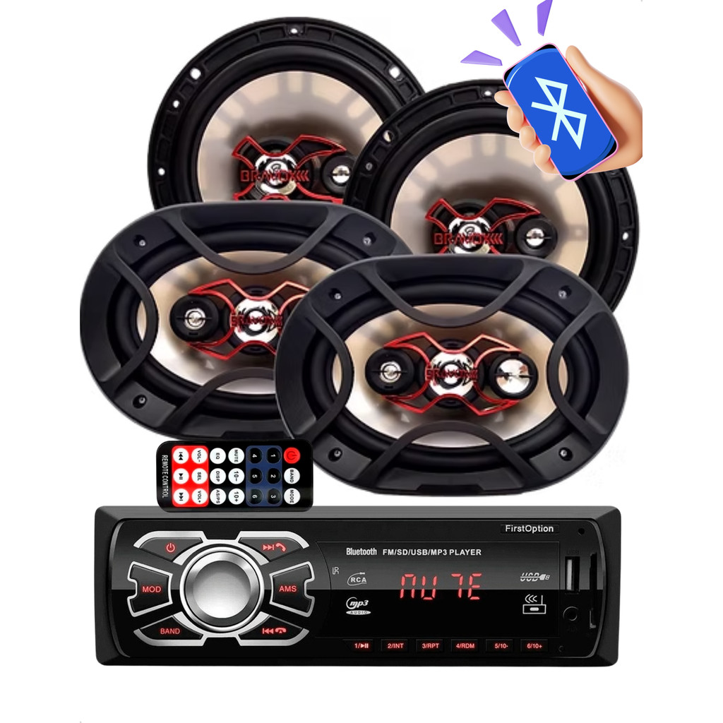 Kit Facil Bravox + Radio First Option 240 Watt Bluetooth USB SD FM Auxiliar Alto-falantes Automotivo