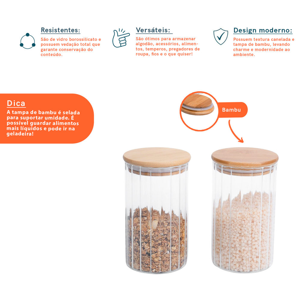 Kit 2 Potes Vidro Canelado com Tampa de Bambu 800ml - Oikos · foto 2