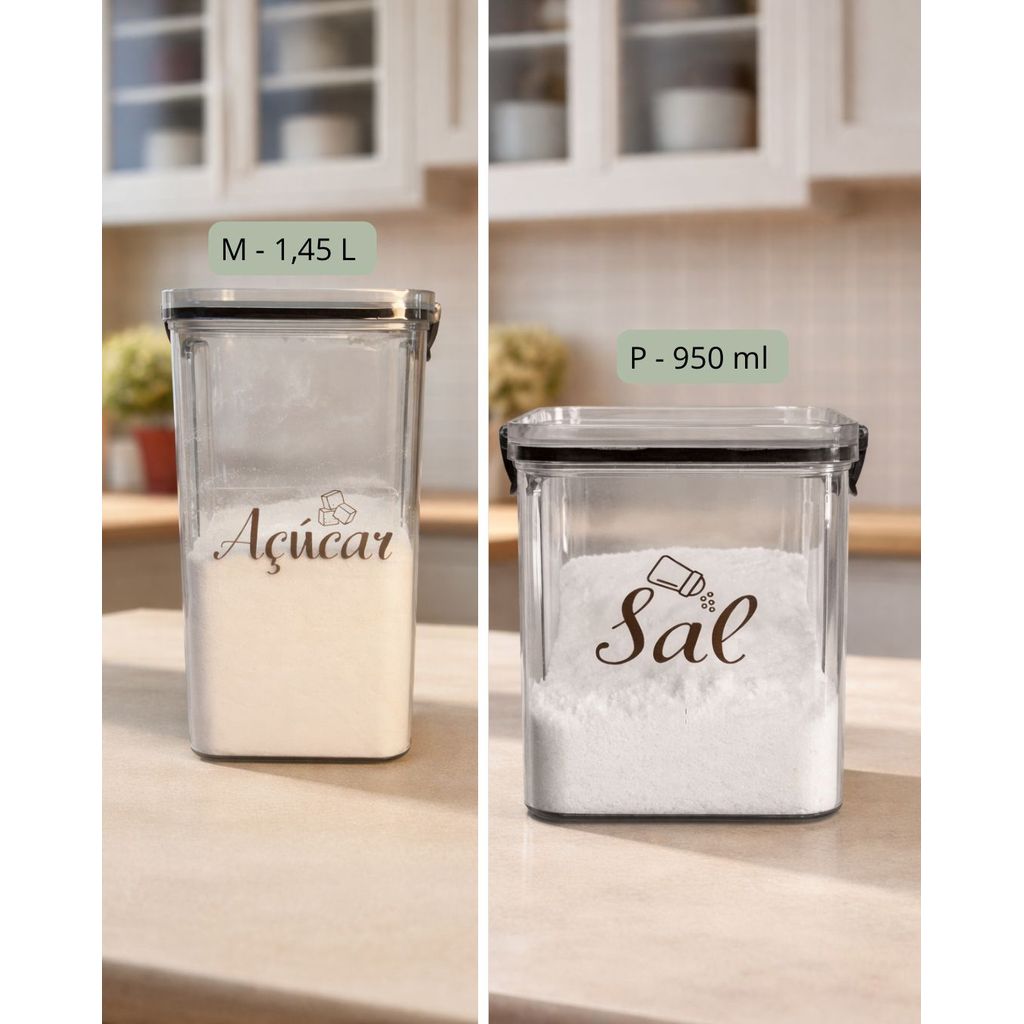 Kit Pote Hermético Acrílico M- 1,45L Açúcar e P- 950ml Sal – Tampa Vedação de Click/Organização em Oferta na Shopee