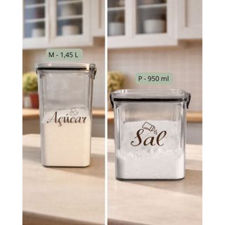 Kit Pote Hermético Acrílico M- 1,45L Açúcar e P- 950ml Sal – Tampa Vedação de Click/Organização em Oferta na Shopee