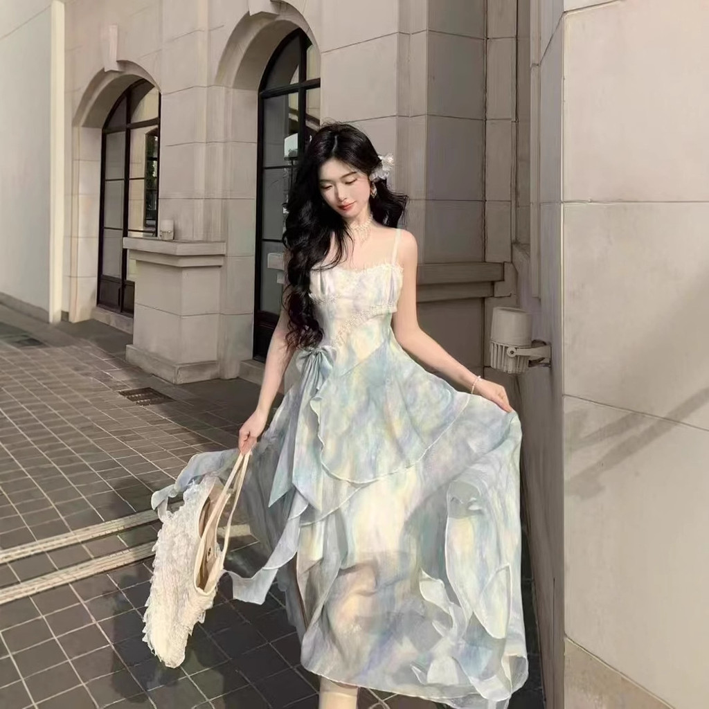 2025 estilo francês tubo superior estilingue vestido verão novo temperamento férias à beira-mar praia saia estilingue ve