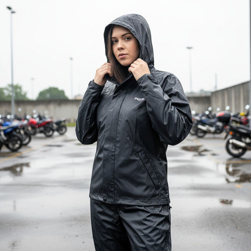 Conjunto Feminino Pioneira Motoqueiro Pvc Com Capuz Preto