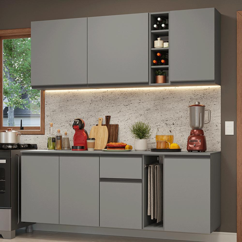 Armário de Cozinha Compacta 180 cm Suspenso Cinza Nice Madesa 04