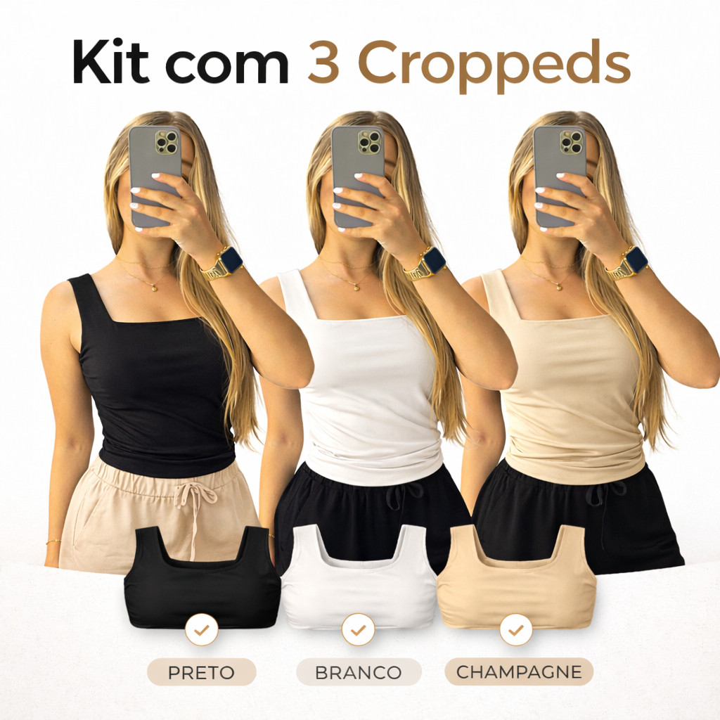 Kit 3 Cropped Regata Decote Quadrado Feminino Suplex Premium Blusinha Feminina Básica Dia A Dia Academia Trabalho Casual