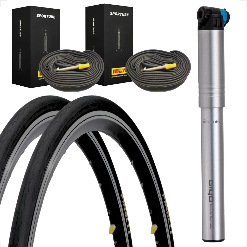 Par Pneu e camara Pirelli Tornado Alfa 700 X 25 Bico Fino 60mm + Bombinha de ar Giyo 120psi
