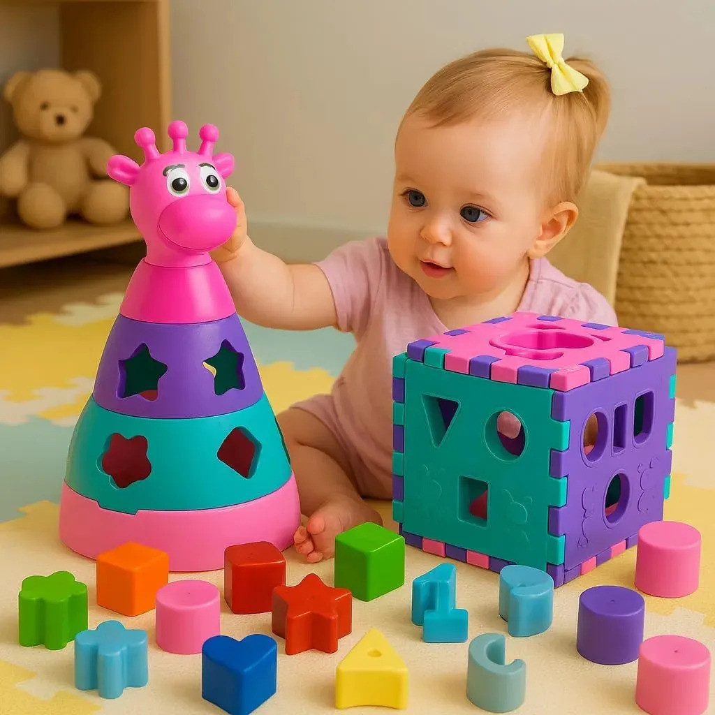 Kit De Brinquedo Bebê Girafa E Cubo Encaixe Rosa Didático