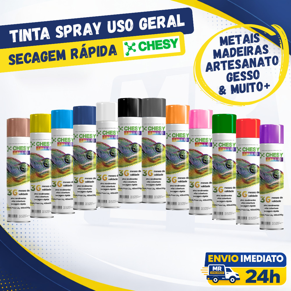Tinta Spray Uso Geral Chesy Color Branco ou Preto Brilhante Brilho e Fosco 400ml Secagem Rápida