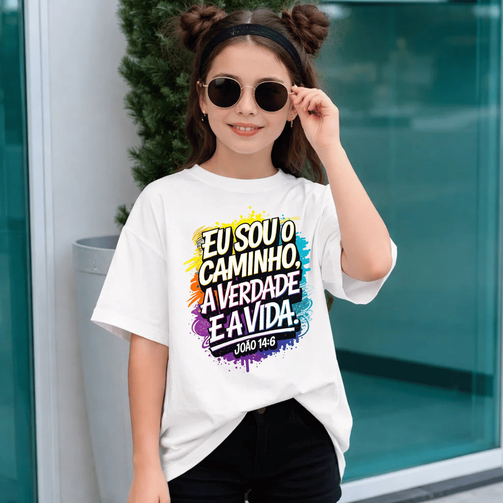 Camiseta Infantil Estampada Eu Sou o Caminho Criança 100% Básica Manga Curta Unissex Masculina e Feminino Básica