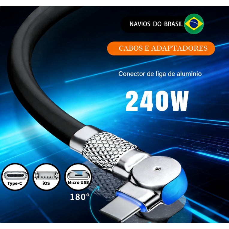 Cabo De Carregamento Super Rápido Adequado Para Cabos De Porta Rotativa Tipo C Micro USB iOS Lightning Android Mopo em Oferta na Shopee