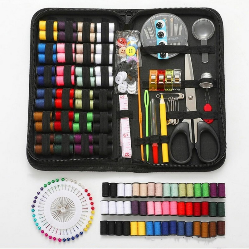 Kit Costura Portátil 172 Peças Com Maleta Organizadora Tesoura Agulhas Botões Remendo Rápido Roupa Artesanato E Lupa