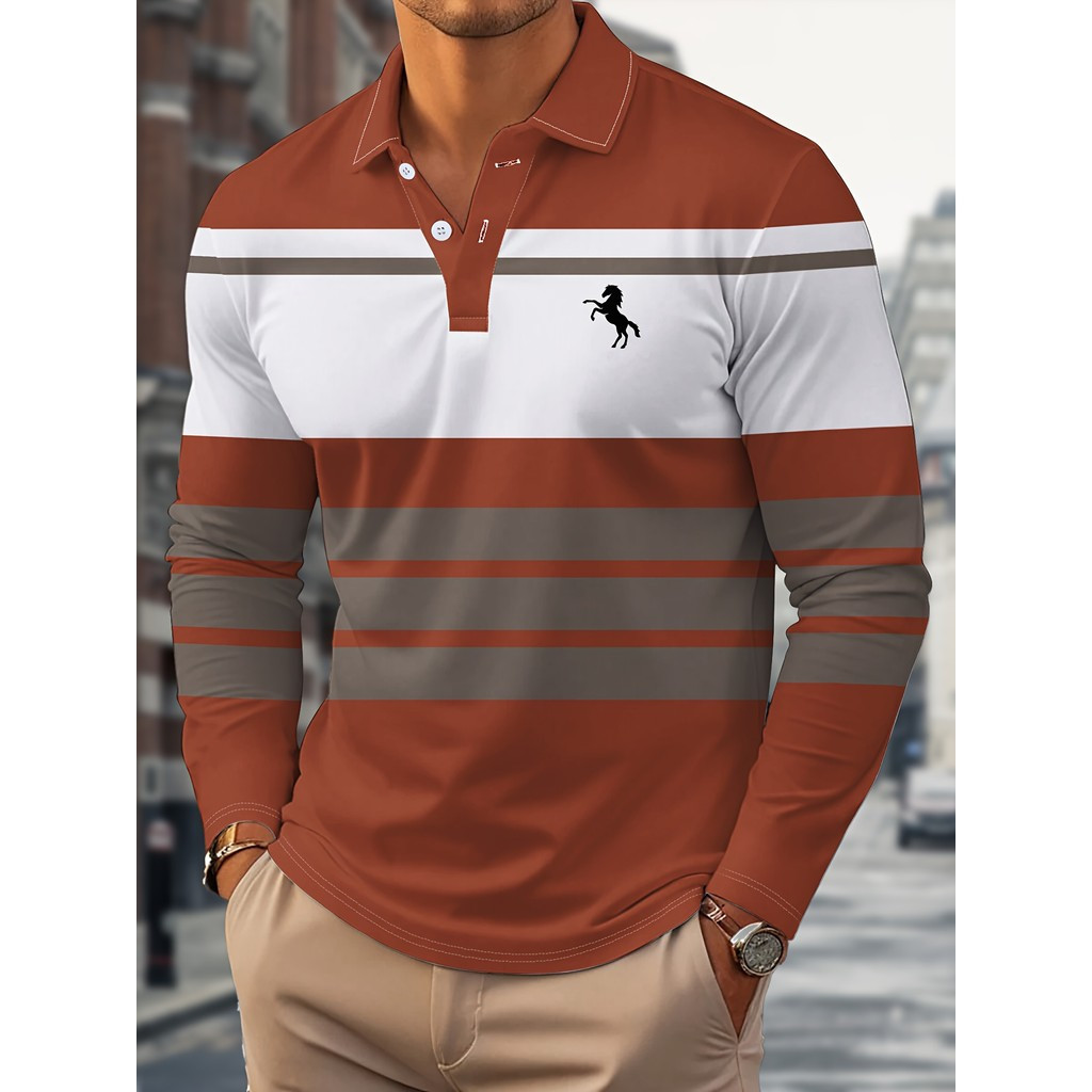 Camisa Masculina Manga Longa – Polo Formal Casual Golf E Business Em Preto/Cinza/Branco Com Padrão Listrado
