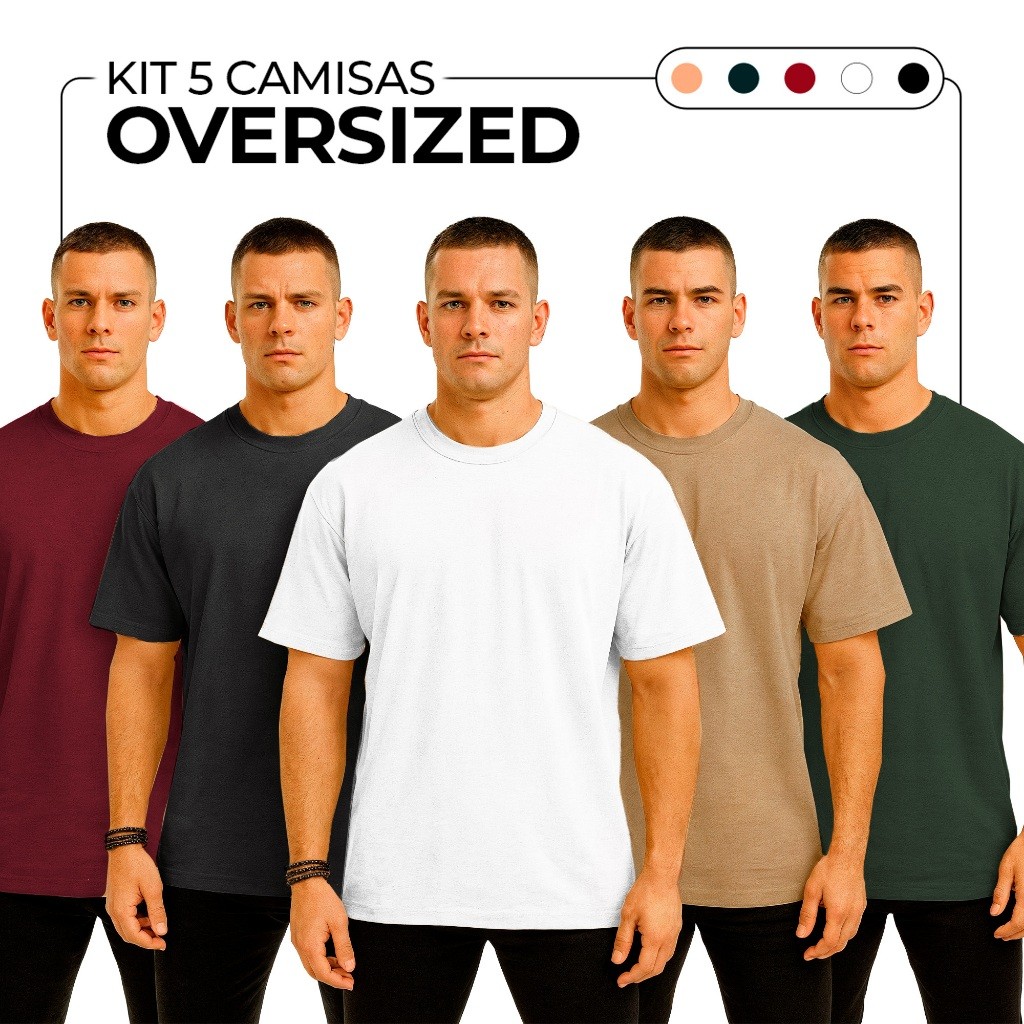 Kit 5 Camisetas Oversized Masculina 100% Algodão Premium Camisa Larga Básica Streetwear Academia P ao GG
