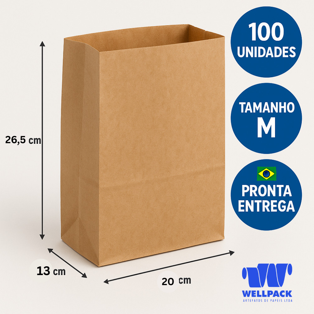 100 Saco Papel Kraft Embalagem para Delivery medida M pacote Lanches Comida Entrega Hamburgueria