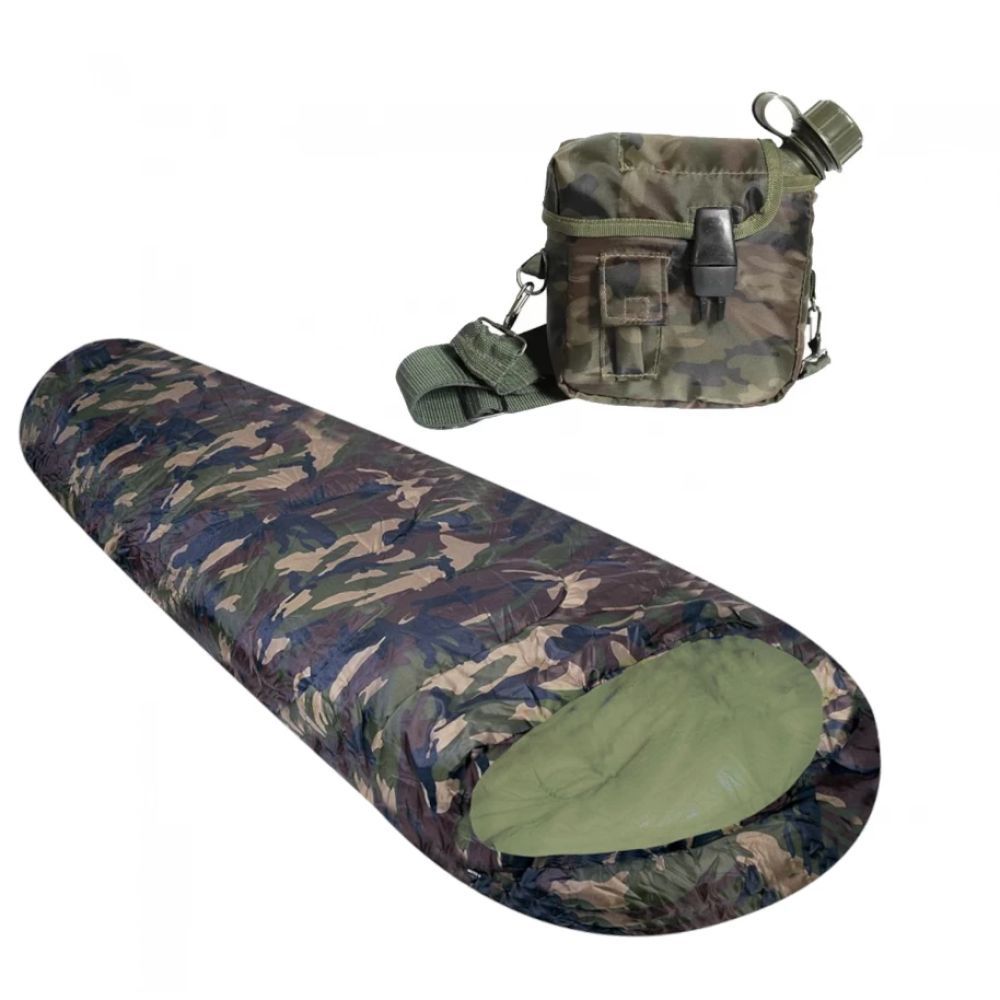 Kit Camping com Saco de Dormir Milik 5°c a 15°c + Cantil 1,8 Litros Verde Militar