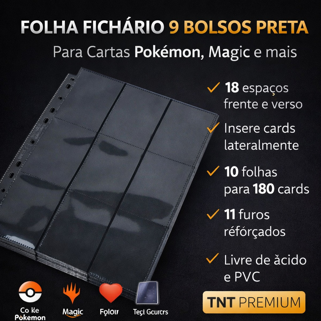 Folha Fichário 9 Bolsos Para Cards Pokemon Magic Preta TNT Lateral