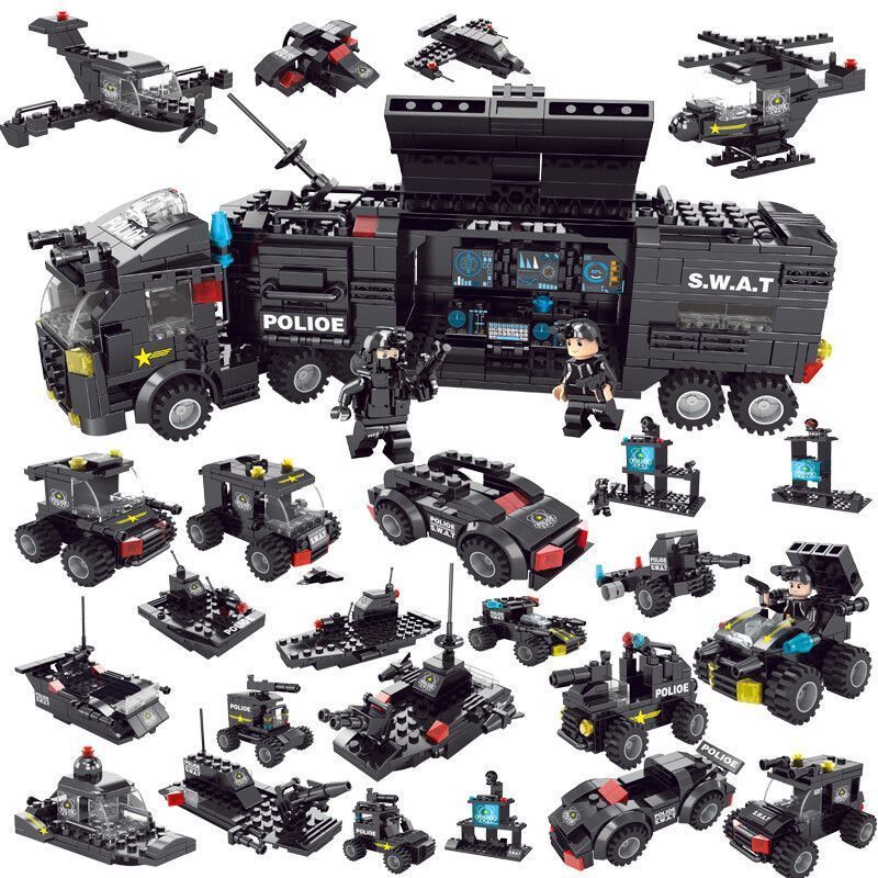 1.000 peças blocos de construção Lego série SWAT militar à prova de explosão carro Mecha helicóptero menino educacional