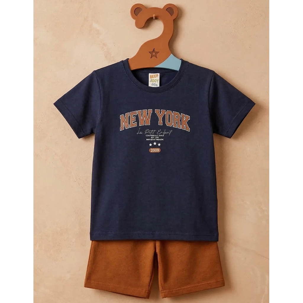 Conjunto Casual Infantil Menino Algodão Verão Camiseta e Shorts Leve Confortável Estampa Divertidas *Cores Sortidas*