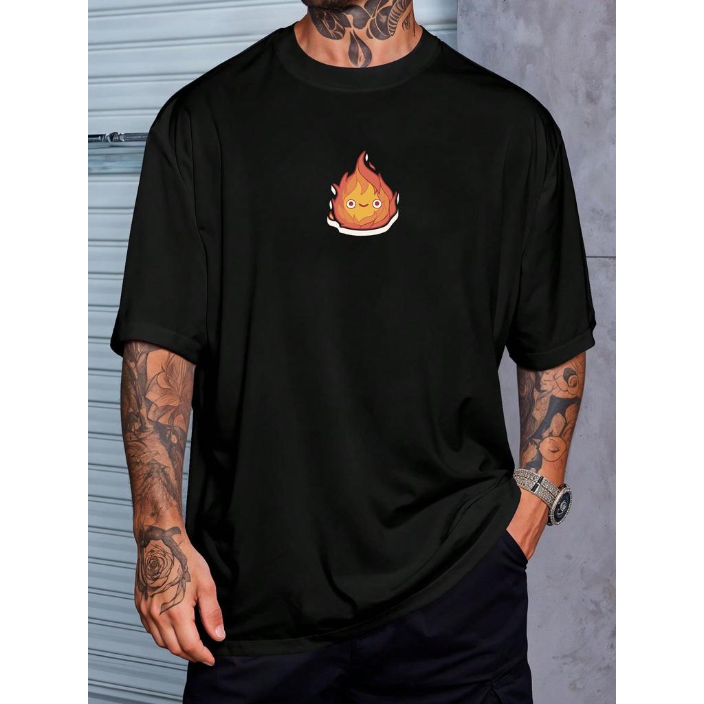 Camiseta Calcifer Fogo Personagem Filme Anime Camisa Casual Blusa Unissex Masculino Feminino 100%Algodão Preto Plus Size