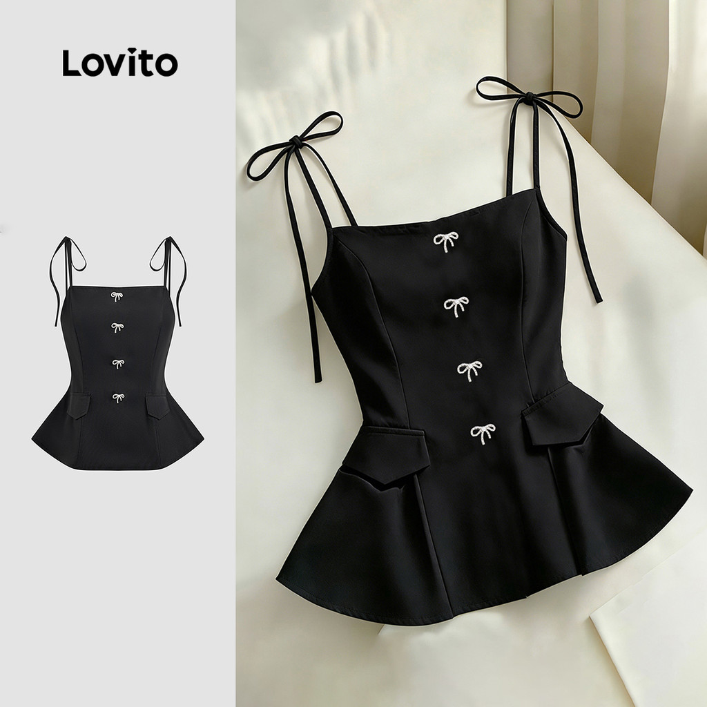 Lovito Casual Top Bow Leisure Primavera/verão Preto Top para mulheres L179AD114 em Oferta na Shopee