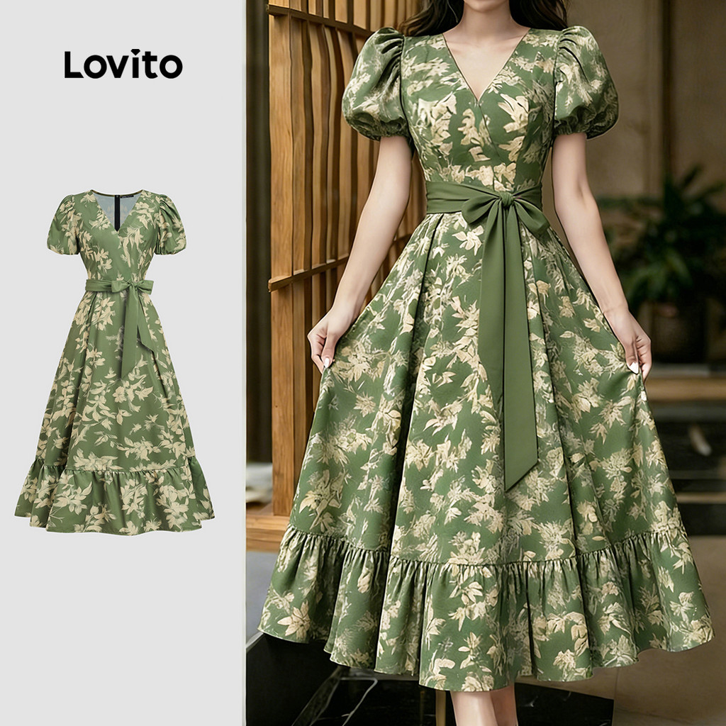 Lovito Elegante Vestido Feminino com Amarração Frontal e Babado Na Bainha Primav