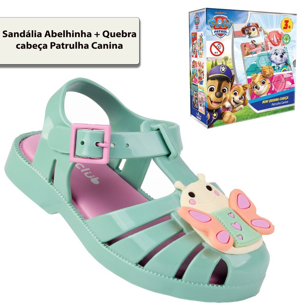 Kit Sandália Infantil Menina Abelhinha FanClub Verde + Quebra-Cabeça Patrulha Canina