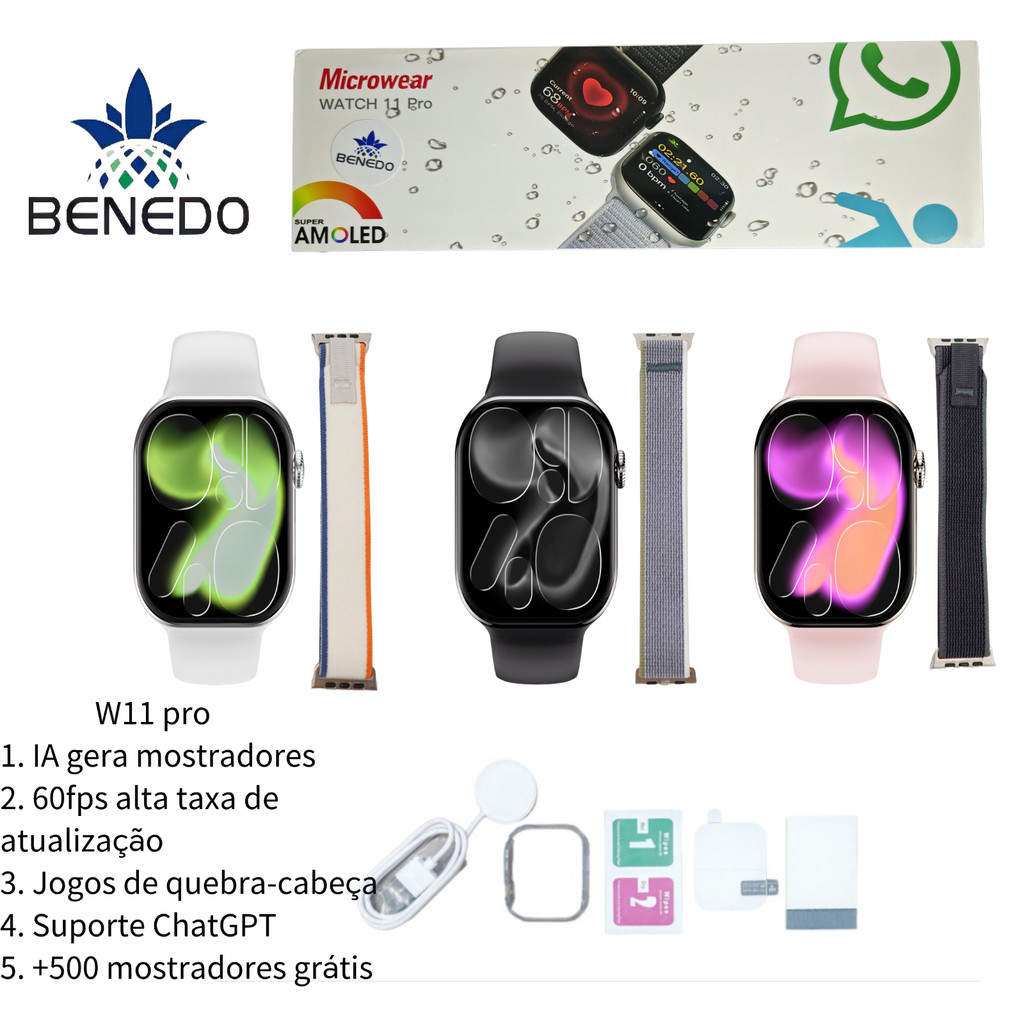 Smartwatch Relógio W11 Pro Series11 2026 2 Pulseiras ChatGPT 1GB Microwear Amoled 46mm IP68 GPS