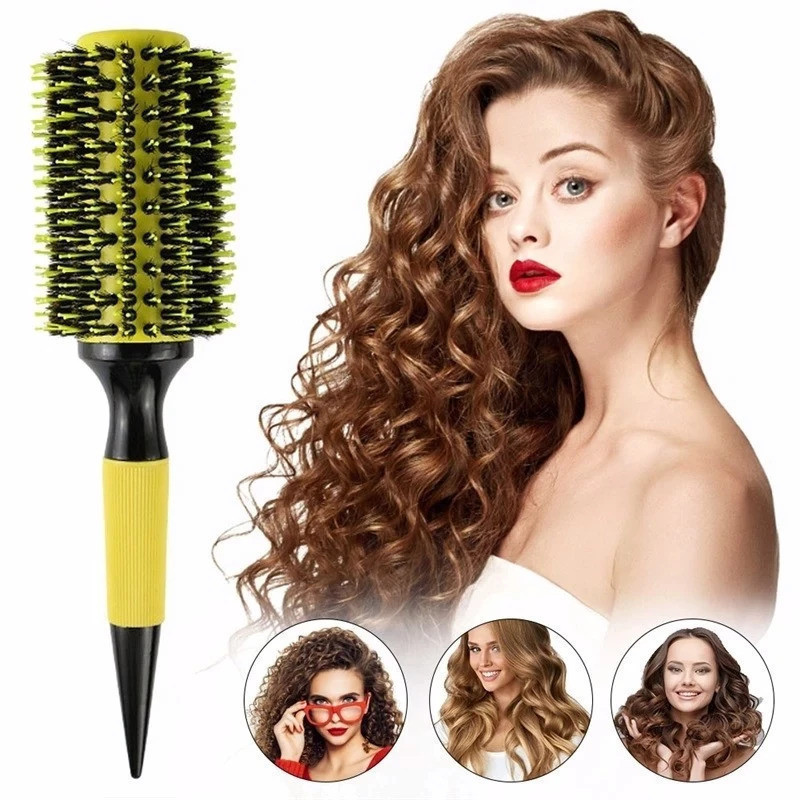 Escova De Cabelo Térmica Amarela Cerdas De Javali Mista Madeira
