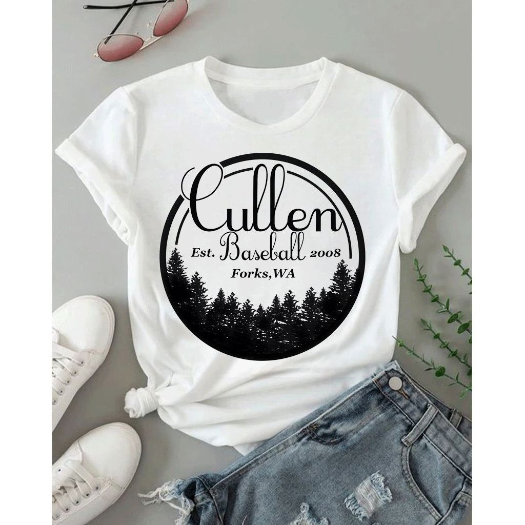 [Camiseta Premium em Algodão Puro]BOW Camiseta T-shirt Unissex Estilo Baseball Cullen 2008 Forks Twilight Algodão Curta