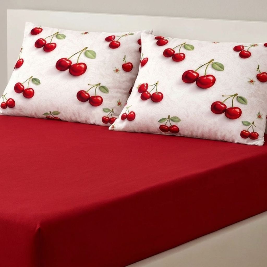 Jogo De Cama Lençol Cerejas Estampado Com Elástico Micropercal 300 Fios Solteiro Casal Queen King Macio Confortável
