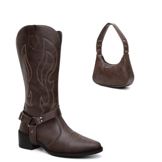 Combo Bota Texana Bordada Café Com Acessorio Cabresto Removivel Acompanha Bolsa Ombro Blogueira Boaideira