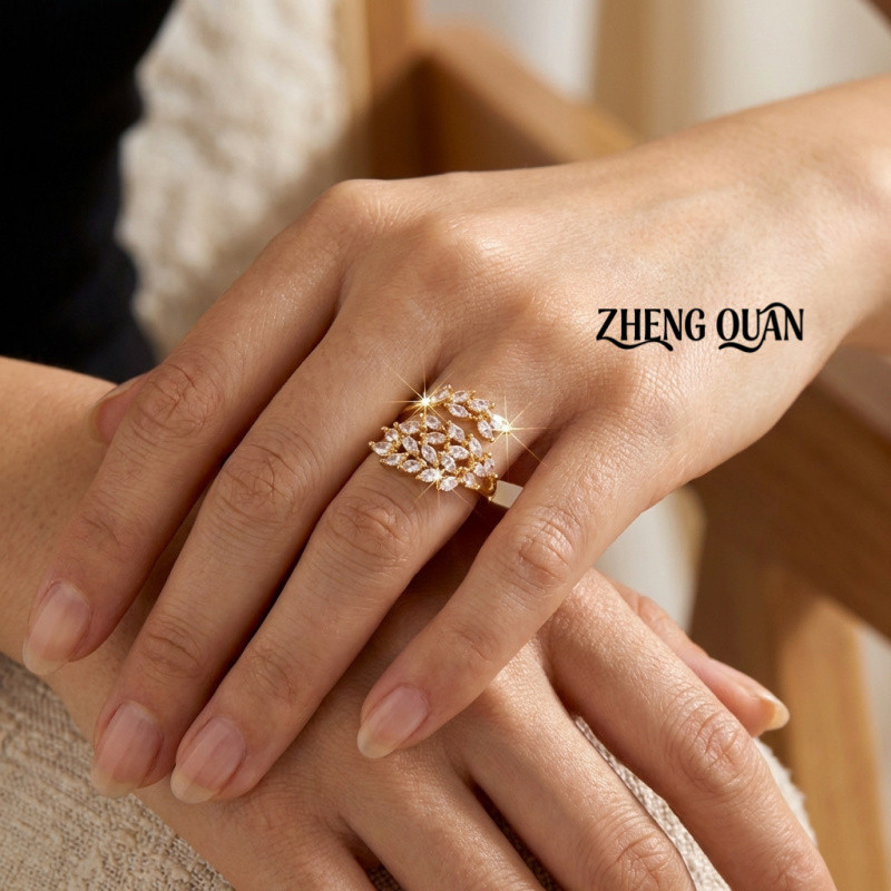 Anel Aberto em Forma de Espiga de Trigo em Cobre Dourado com Zircônia Cúbica, Zircônia com Corte Marquise em Cobre Ajust