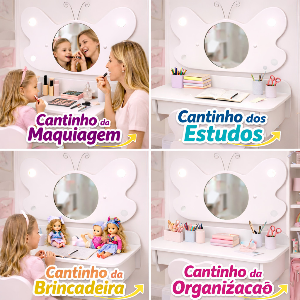 Mesa Estudo Infantil Espelho LED Penteadeira Camarim Branca