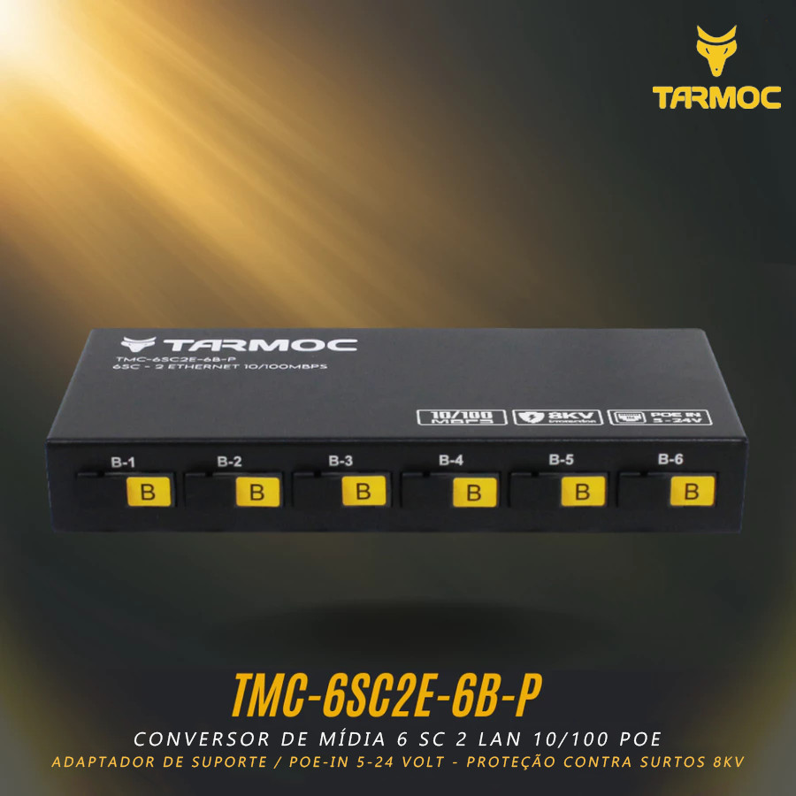 Tarmoc TMC-6SC2E-6B-P Conversor de Mídia Fibra Óptica Switch 6 SC 2 LAN / 6 FO 2 LAN 10/100 POE IN 5-24 Volts