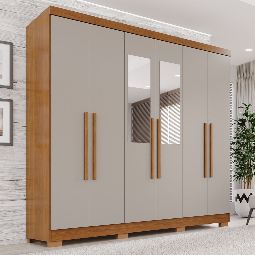 Guarda-Roupa Casal com Espelho 6 Portas 2 Gavetas França Cinamomo/Off White em Oferta na Shopee