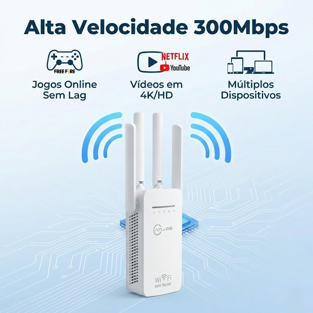 Repetidor de Sinal WiFi 300Mbps com 4 Antenas Fácil de Instalar para Uso Doméstico