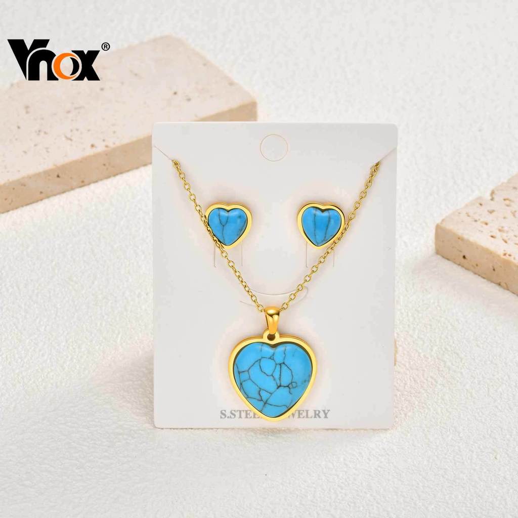 Vnox Turquesa Pedra Natural Forma De Coração Colar Brinco Conjunto Para Mulheres Menina , De Jóias De Ouro Presente Duas