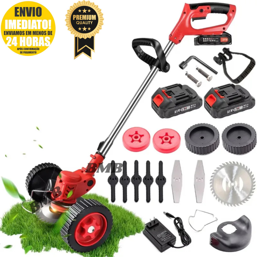 Roçadeira Aparador Cortador De Grama Elétrico Recarregável Com Rodas 2 Baterias 48V de Lítio KIT COMPLETO em Oferta na Shopee