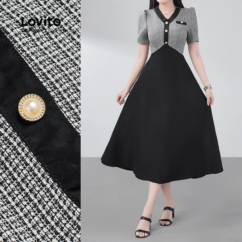 (Lovito Refine)  Vestido Elegante Requintada Primavera/verão Vestido Preto para mulheres. LR29E054 em Oferta na Shopee