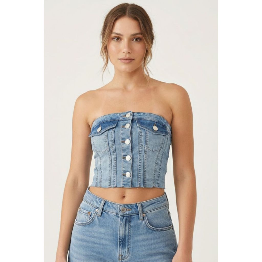 Top Cropped Sem Alças Premium Planet Girls Jeans Claro