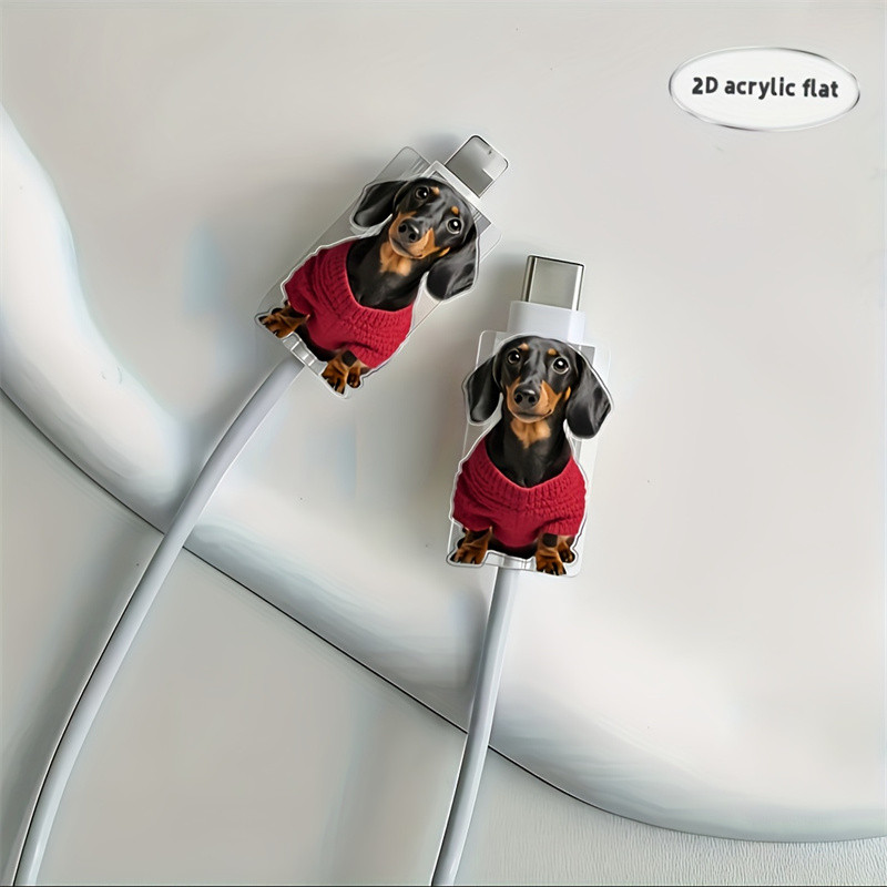 2 Pçs 2D Plana Dachshund Cão Padrão Protetor De Cabo Conector Plástico Carregador De Telefone Capa Para iPhone/Tipo-C
