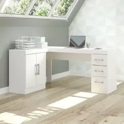 Mesa Escritório De Canto Home Office 2 Portas 3 Gavetas Menu Móveis Branco